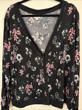 LuLaRoe Cheryl, Black Button-Front Cardigan with Pink & White Floral Print